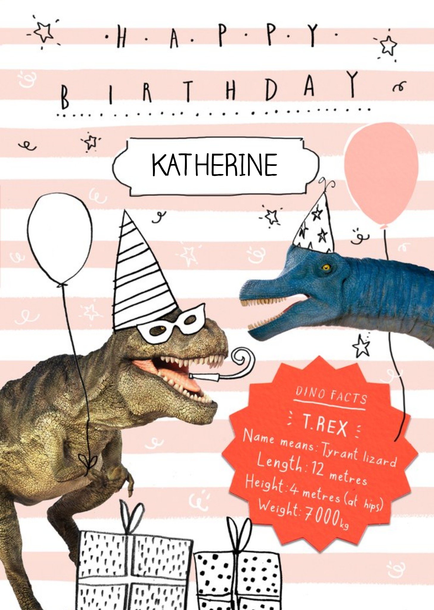 The Natural History Museum T-Rex Dinosaur And Pink Striped Personalised Birthday Card, Large