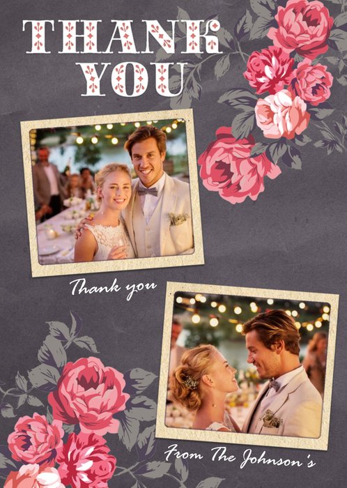 Dark Grey And Pink Roses With Double Photo Upload Wedding Thank You Card