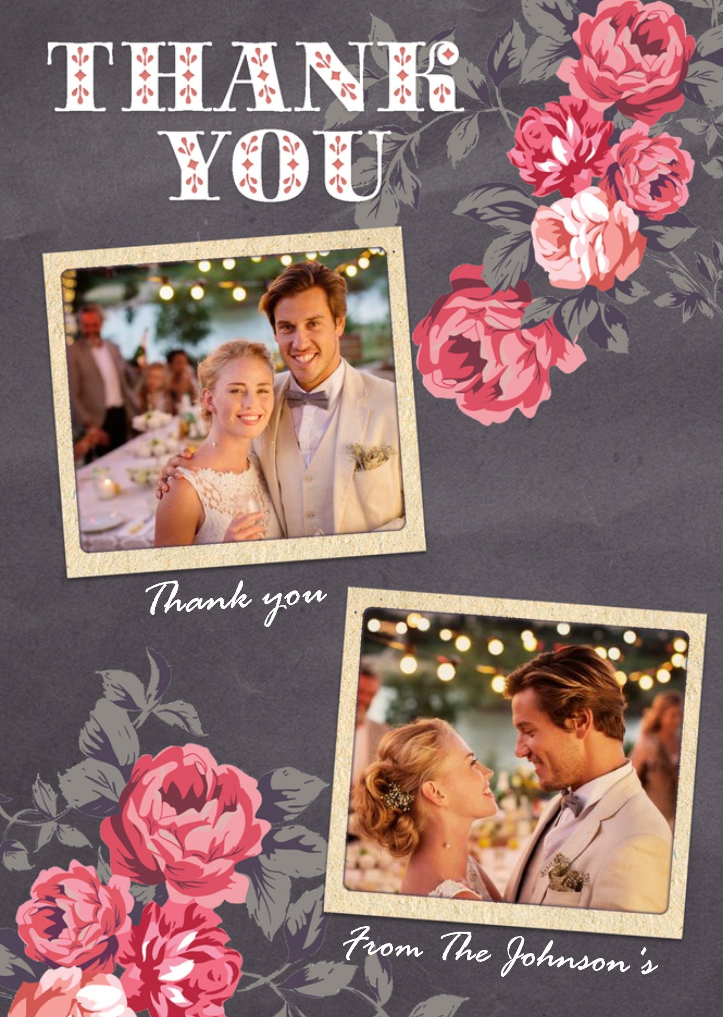 Moonpig Dark Grey And Pink Roses With Double Photo Upload Wedding Thank You Card, Large