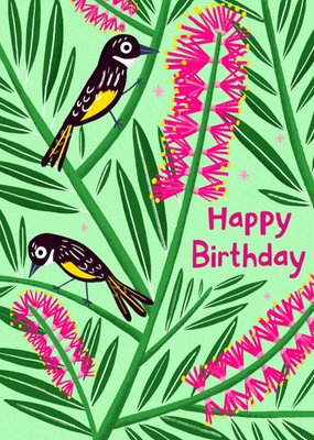 Vibrant IIlustration Of A Pair Of Honeyeaters Perched In A Bottle Brush Tree Birthday Card