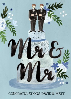 Traditional Illustrated Congratulations Mr And Mr Wedding Cake Floral Same Sex Wedding Card