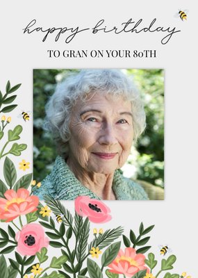 Okey Dokey Illustrated Floral Bumble Bee Gran 80th Birthday Photo Upload Card