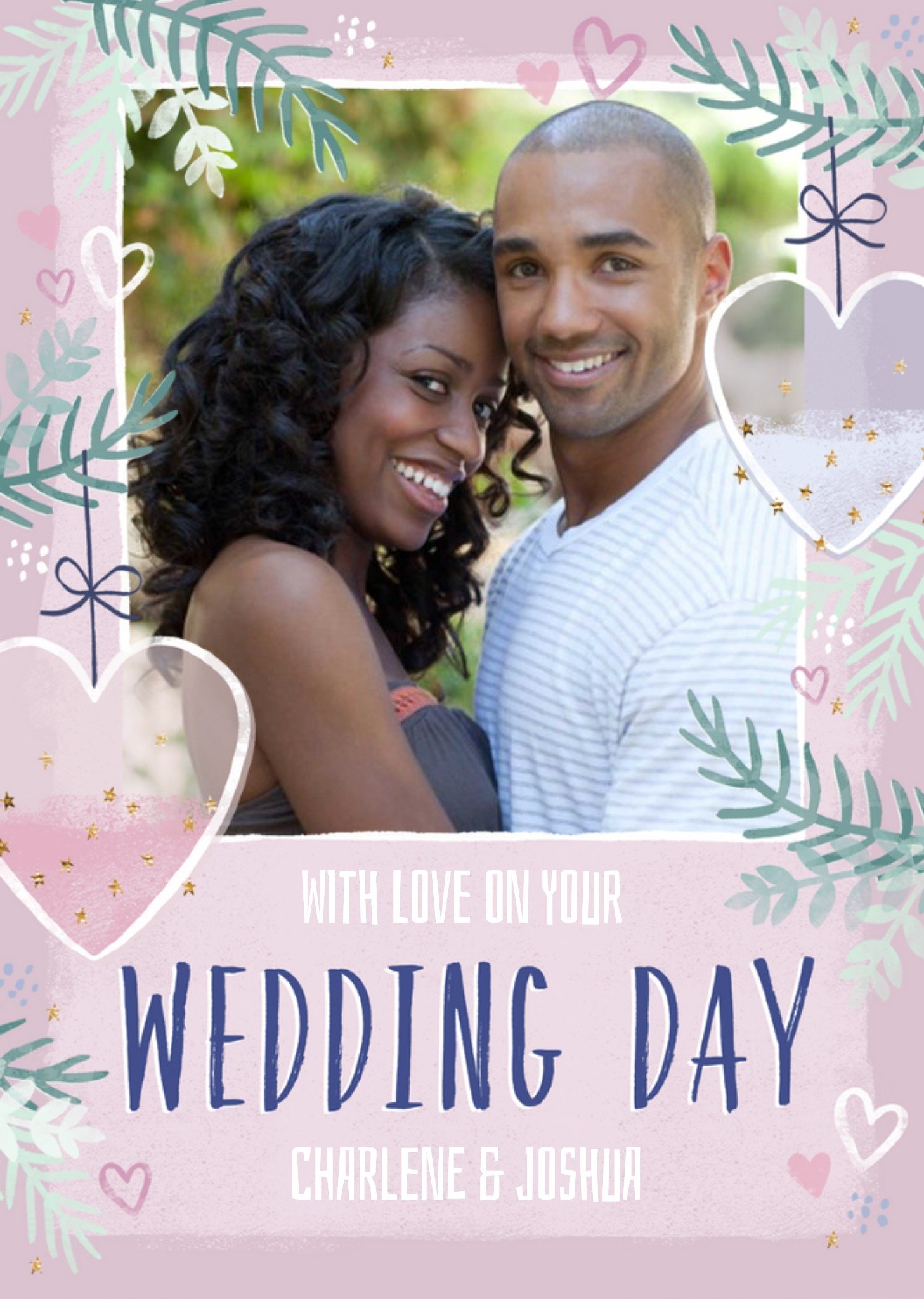 Moonpig Photo Frame Surrounded By Hearts And Foliage Wedding Day Photo Upload Card, Large