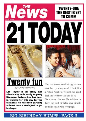Newspaper Headline Twenty Fun Personalised 21st Birthday Card