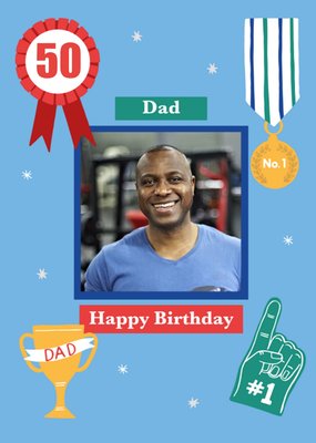 Illustrated Sports Number One Dad Medal Cup Fathers Day Card