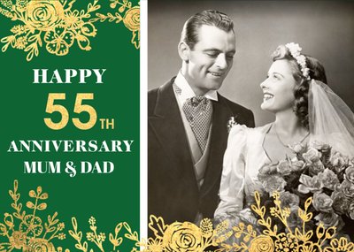 Gold Foiled Flowers 55th Emerald Anniversary Photo Upload Card