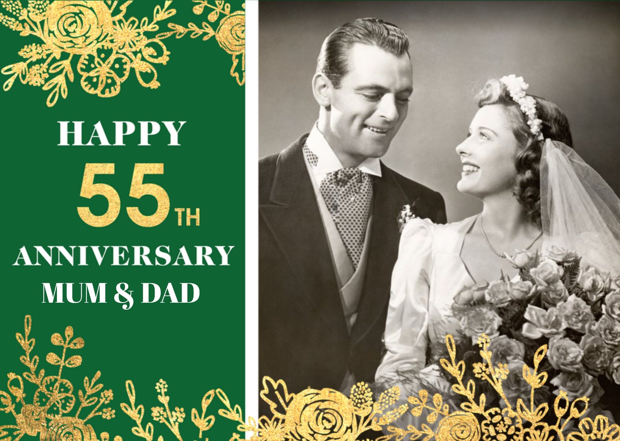 Gold Foiled Flowers 55th Emerald Anniversary Photo Upload Card Ecard