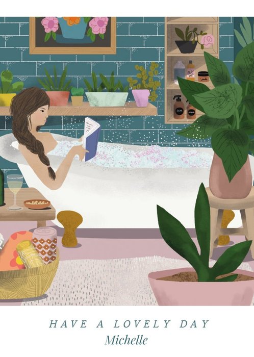 Editable Illustrative Girl Relaxing in Bath Birthday Card