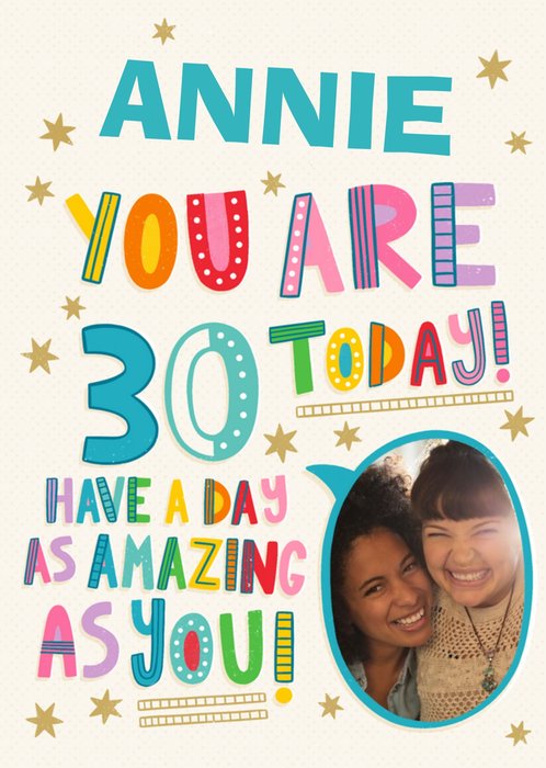 Brightly Coloured Typographic 30th Birthday Photo Upload Card