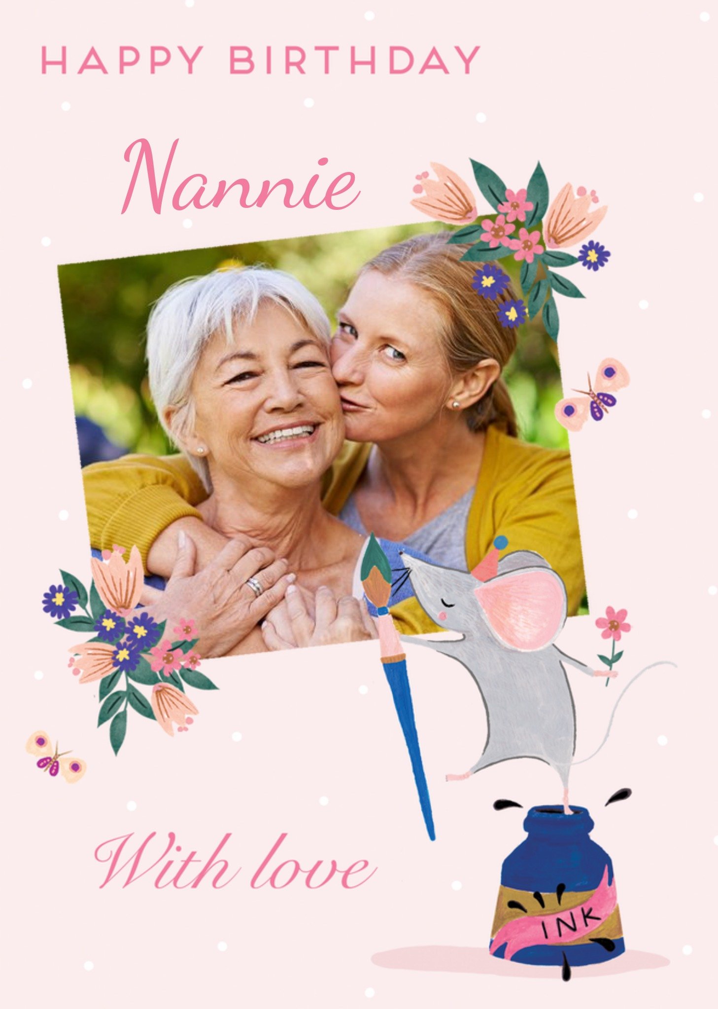 Moonpig Cute Mouse Illustration Happy Birthday Nannie Photo Upload Card, Large