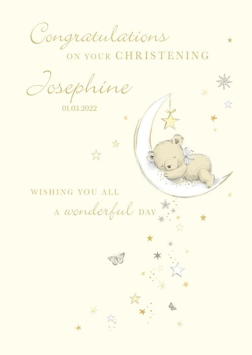 Illustrated Teddy Bear Moon Customisable Christening Card