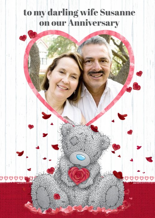 Tatty Teddy With Rose And Heart Frame Personalised Photo Upload Anniversary Card For Wife