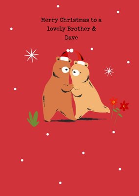 Illustration Of A Pair Of Dancing Bears With Christmas Hats On A Red Background Christmas Card