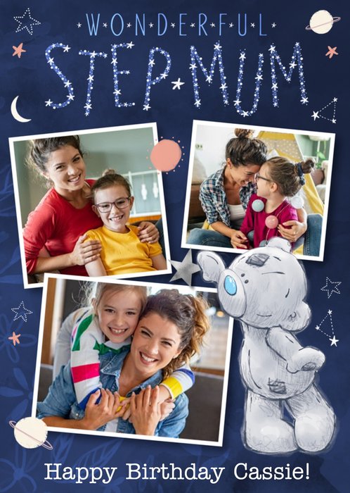 Tatty Teddy Pointing at a Silver Star Wonderful Stepmum Text Editable and Photo Upload Card