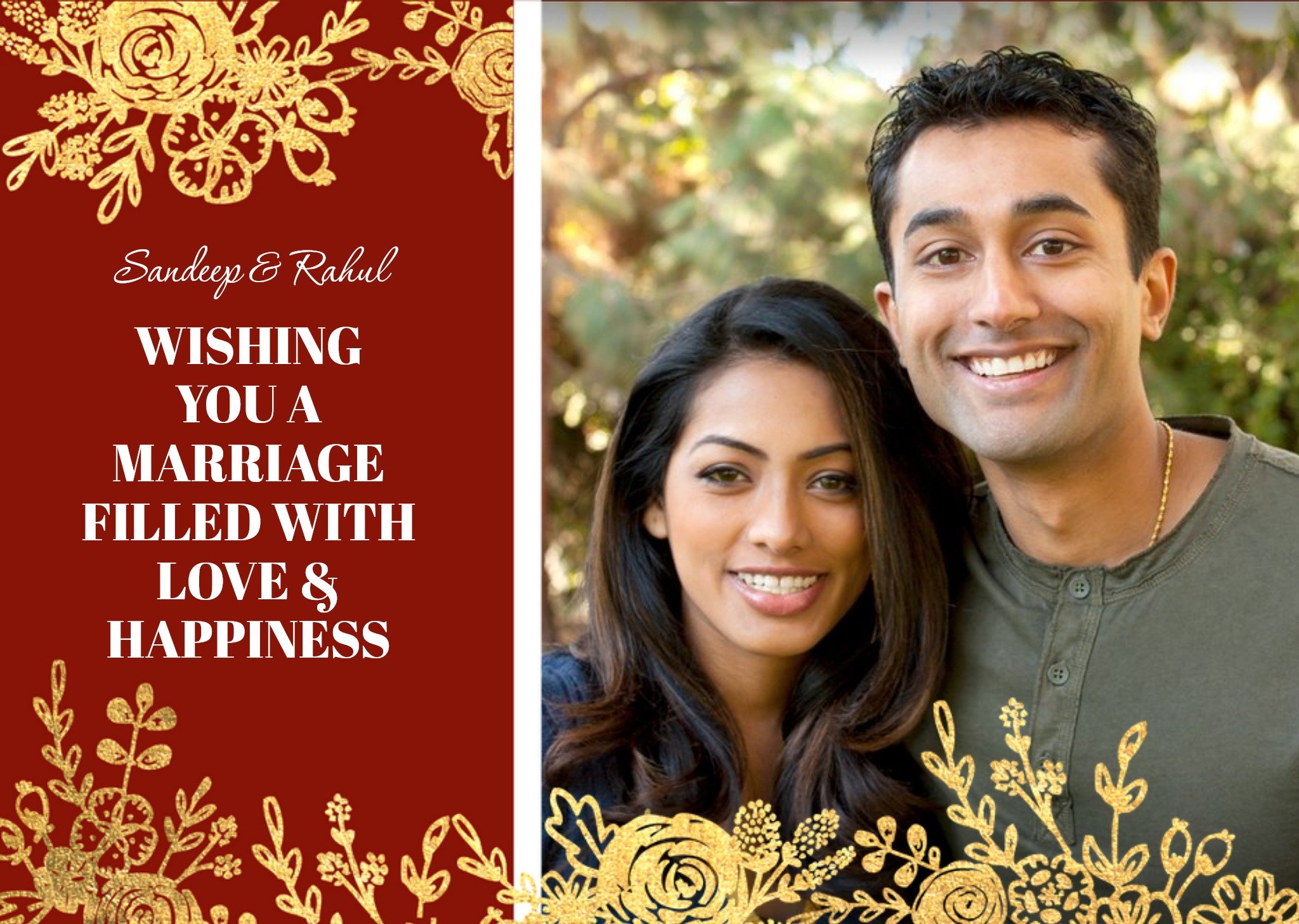 Moonpig Wedding Card - Gold Foiled Flowers - Indian Wedding - Photo Upload, Large