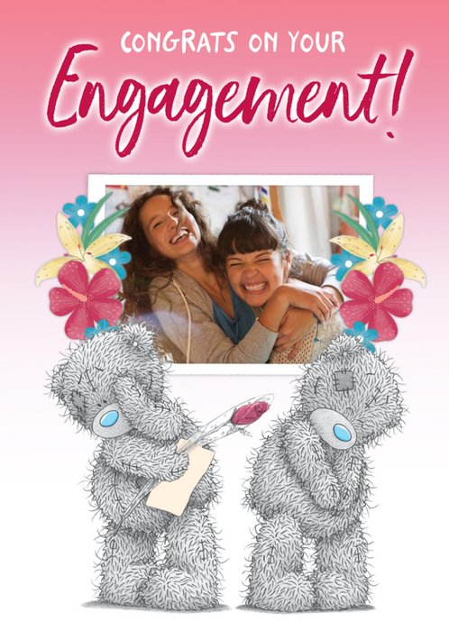 Tatty Teddy Cute Photo Upload Floral Engagement Congrats Card