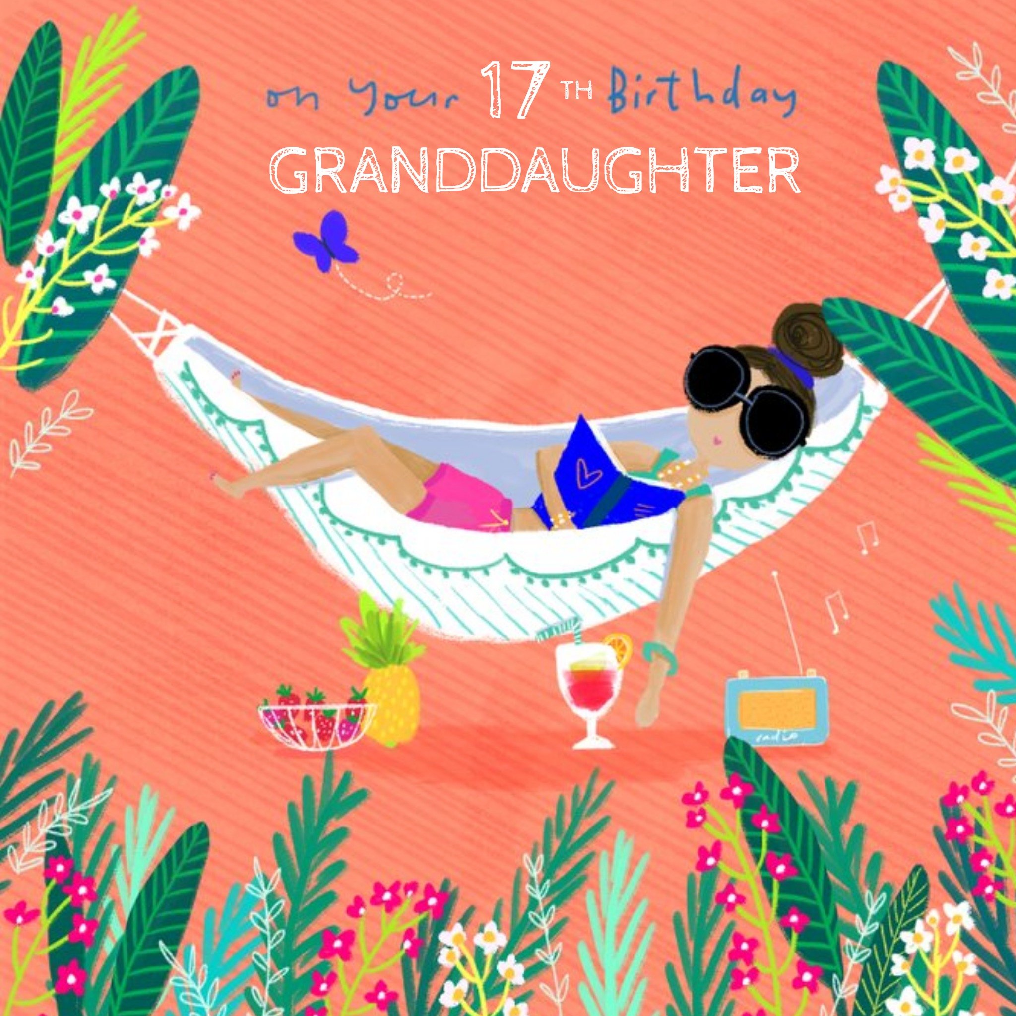 On Your Birthday Granddaughter Illustrated Girl In Hammock Card, Square