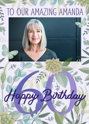 Illustrated Photo Upload Floral 60th Birthday Card