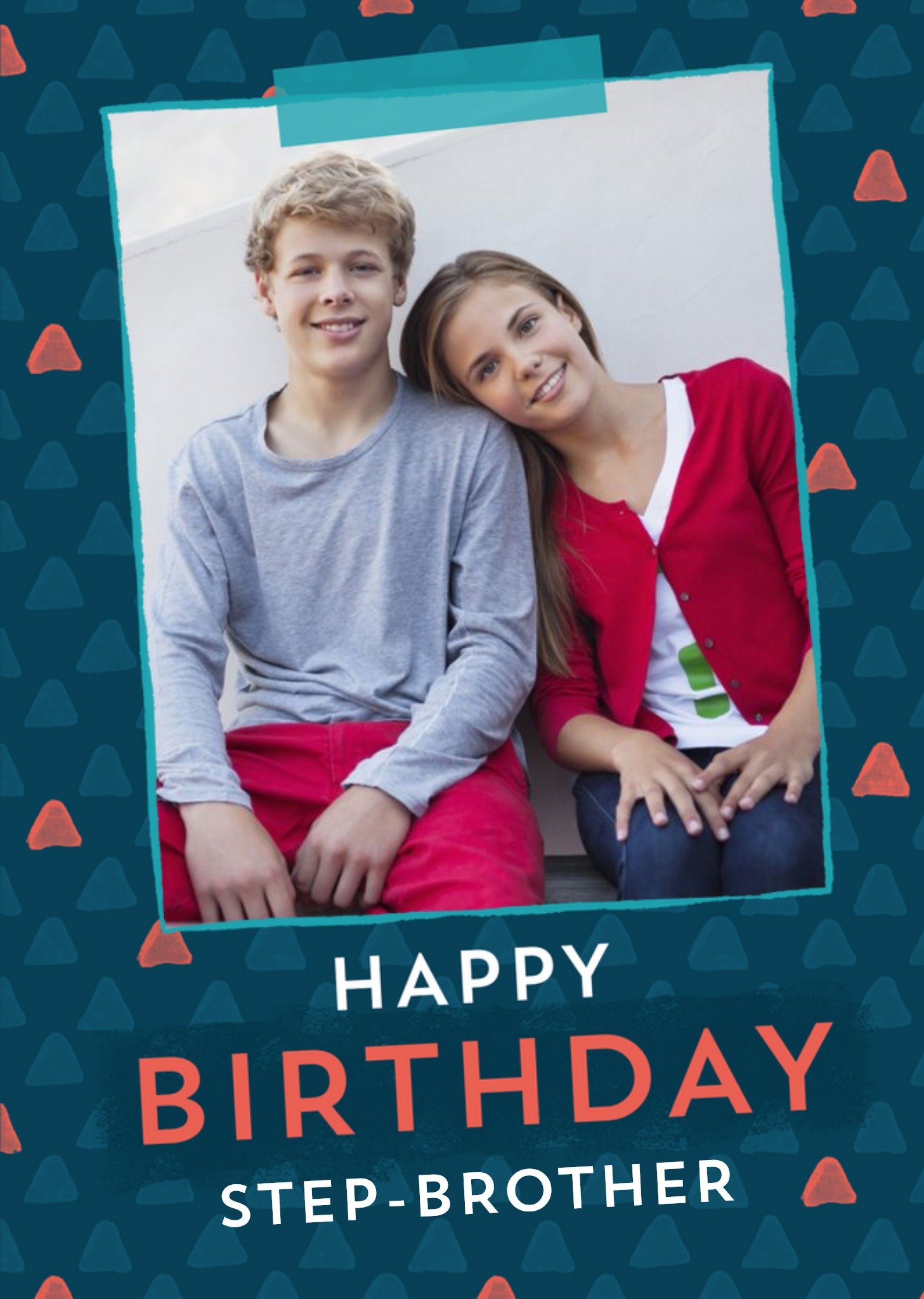 Blue Patterened Editabe Age Photo Upload Step-Brother Birthday Card Ecard