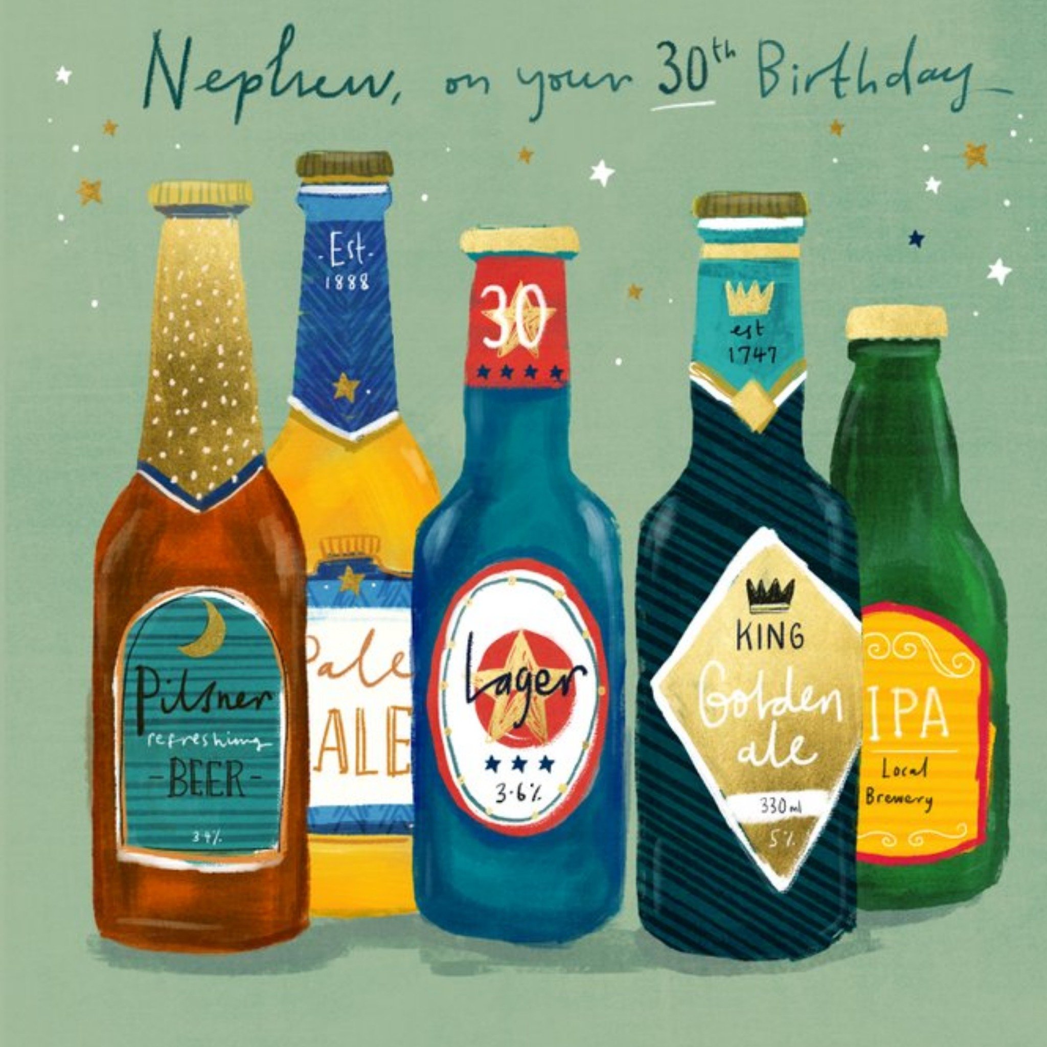 Moonpig Illustration Design Drinks Bottles Nephew On Your 30th Birthday Card, Square