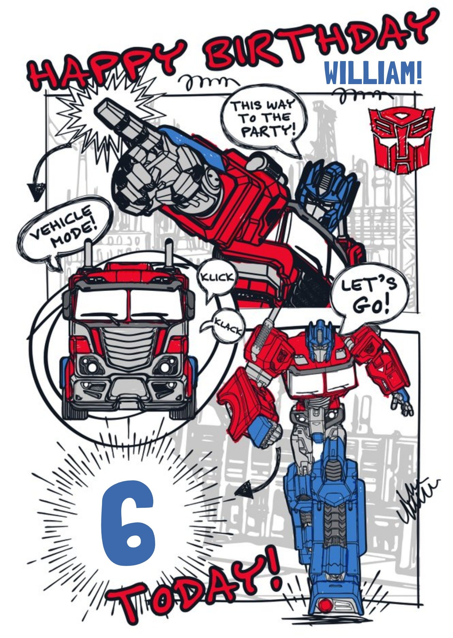 Transformers Transformer Optimus Prime 6 Today Birthday Card, Large