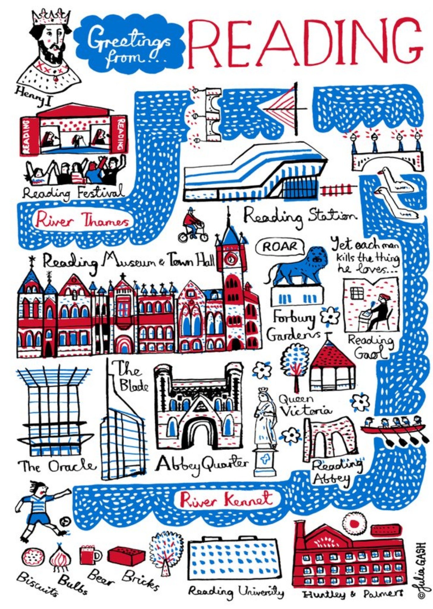 Illustrated Scenic Map Greetings From Reading Card Ecard