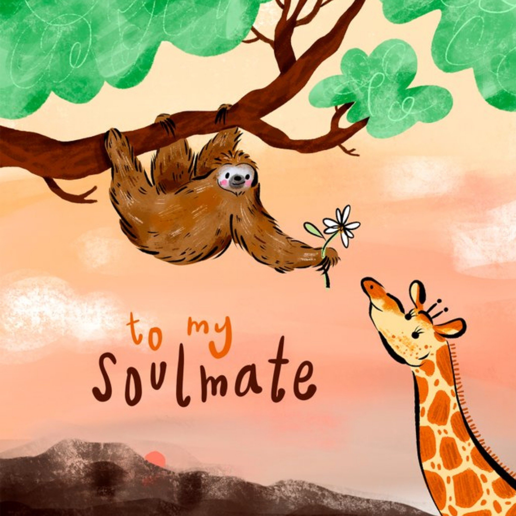 Illustrated Sloth Giraffe Soulmate Birthday Card, Square