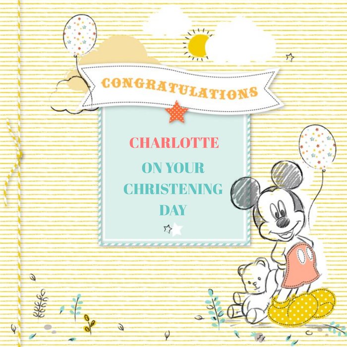 Disney Mickey Mouse Yellow Stripes Personalised Christening Day Card