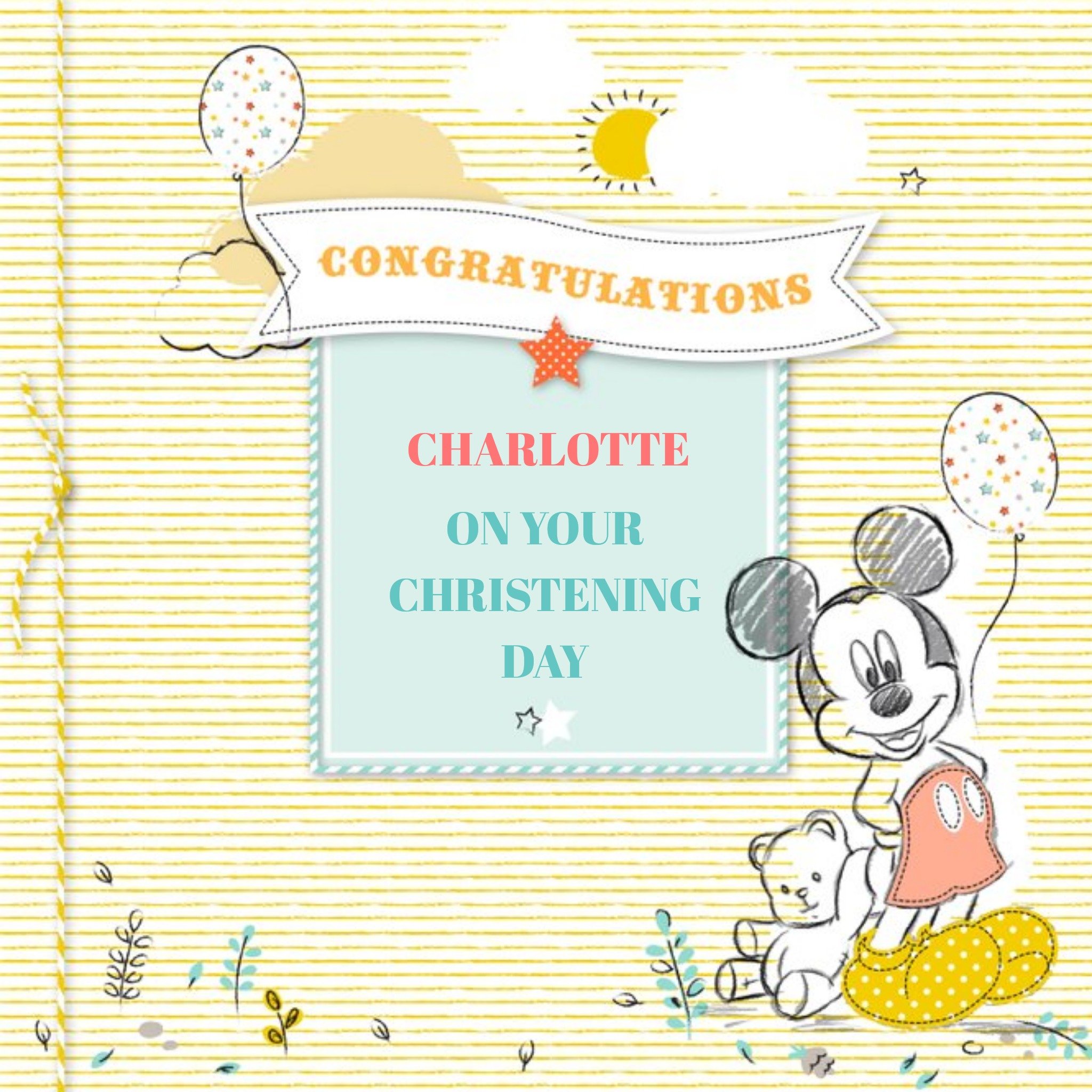 Disney Mickey Mouse Yellow Stripes Personalised Christening Day Card, Square