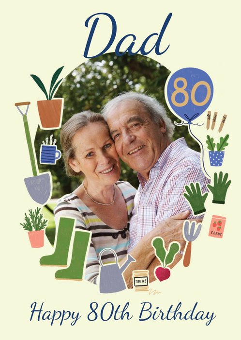 Evergreen Photo Upload Gardening Dad 80th Birthday Card