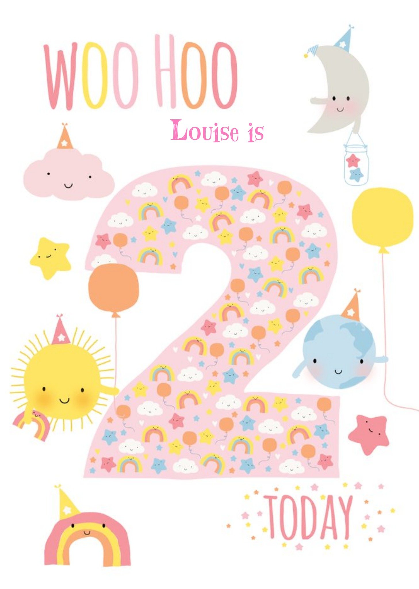 Moonpig Cartoon Sun And Planets Personalised Happy 2nd Birthday Card, Large