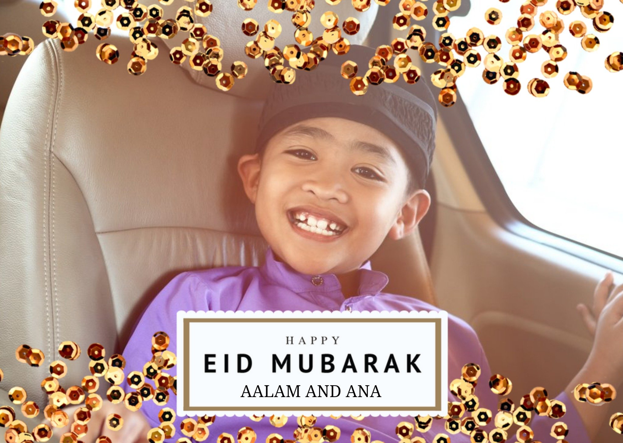 Moonpig Gold Sequins Happy Eid Mubarak Photo Upload Card, Large