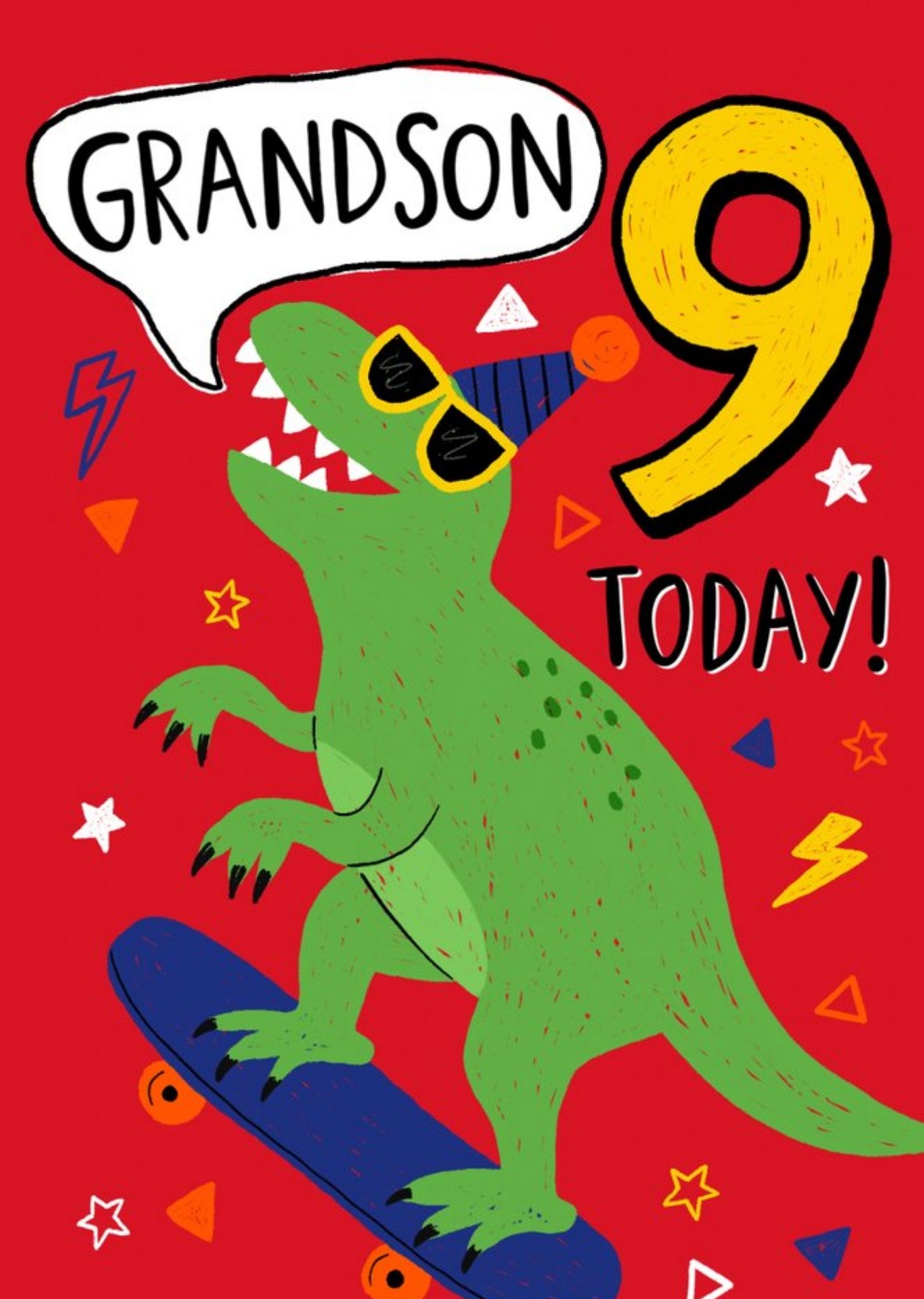 Grandson 9 Today Bright Skateboarding Dinosaur Birthday Card Ecard