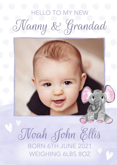 Watercolour Illustration Of An Elephant To My Nanny And Grandad New Baby Photo Upload Card