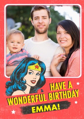 Retro Superhero Wonder Woman wonderful birthday Photo Upload card
