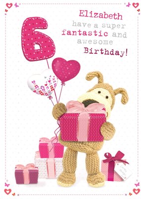 Boofle With A Bunch Of Pink Presents Personalised Birthday Card