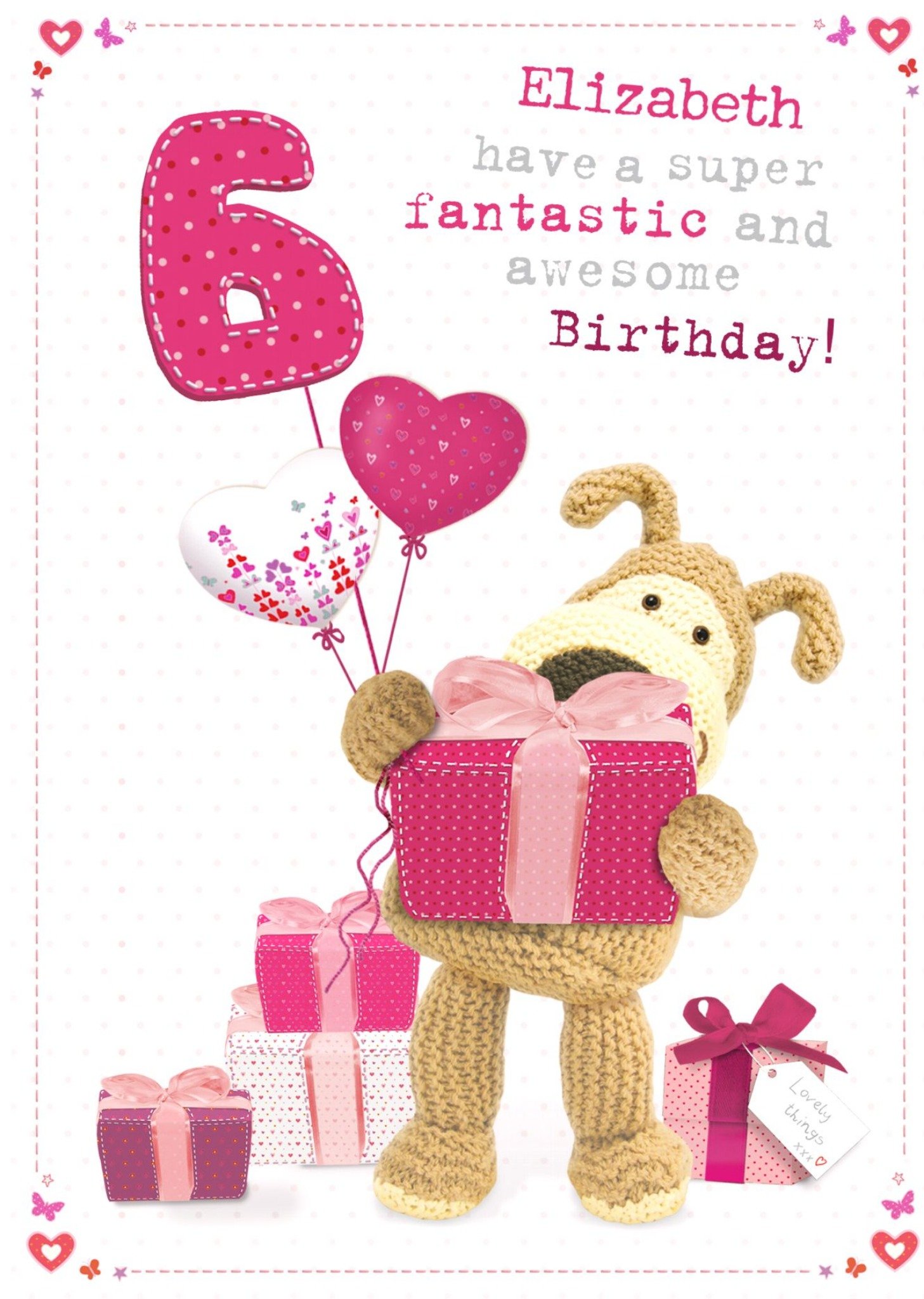 Boofle With A Bunch Of Pink Presents Personalised Birthday Card