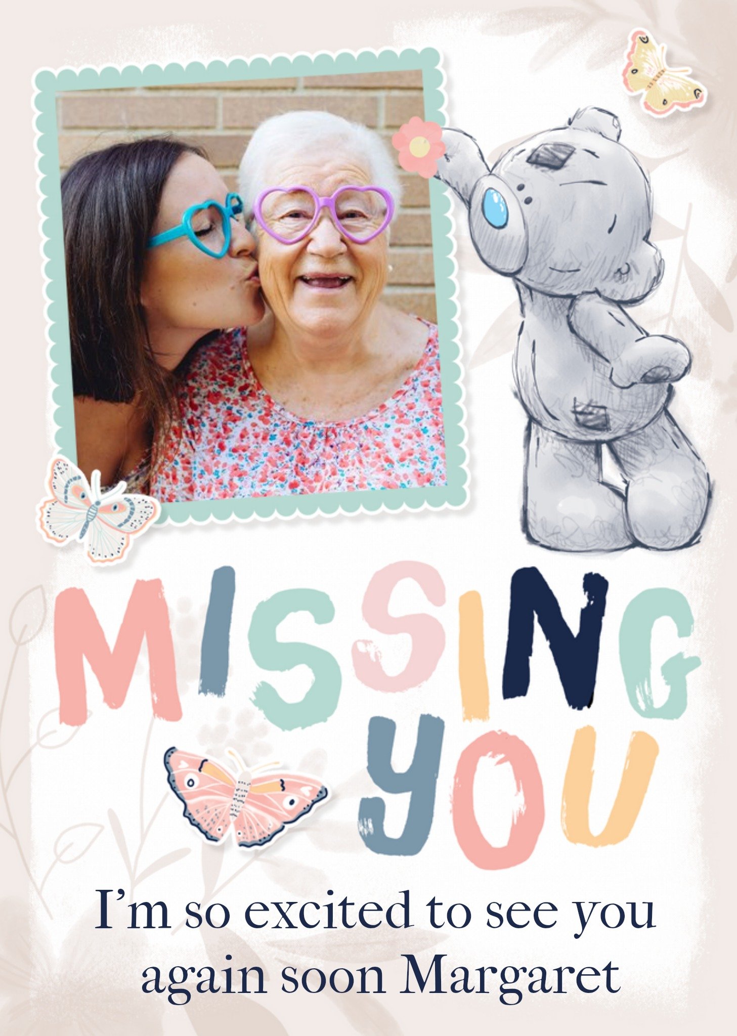 Me To You Tatty Teddy Missing You Butterfly Neutral Coloured Photo Upload Card, Large