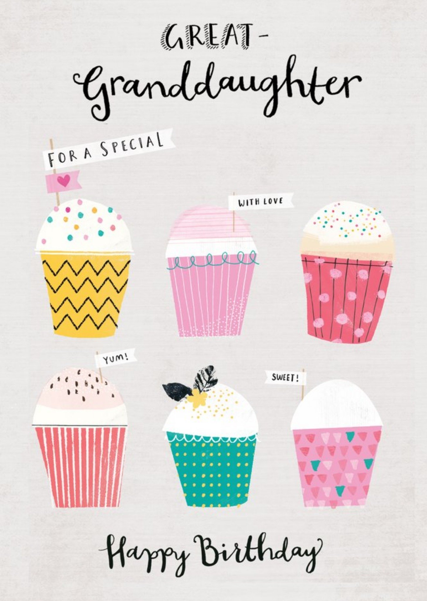 Moonpig Illustrated Cupcakes Typographic Great Granddaughter Birthday Card, Large