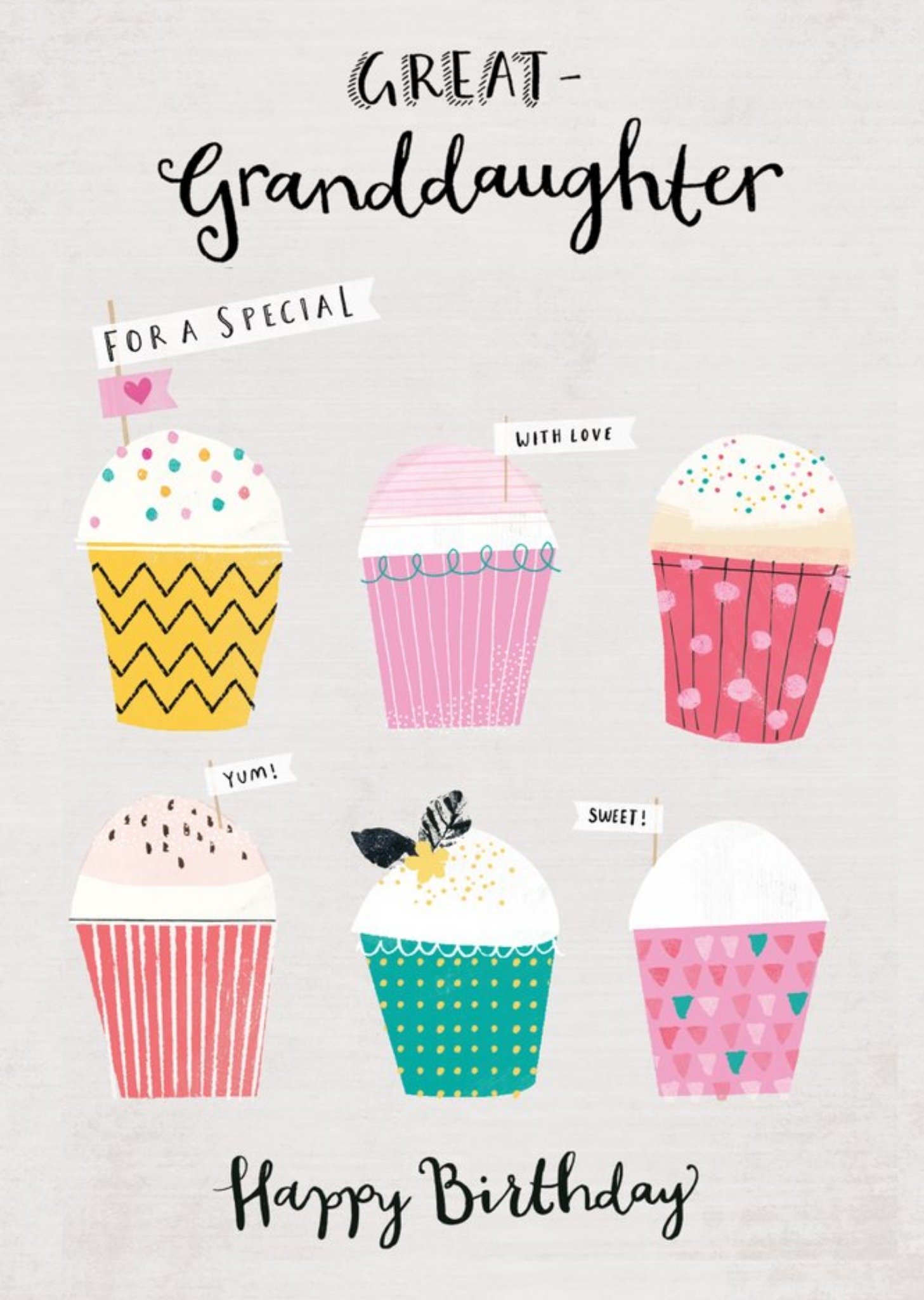 Illustrated Cupcakes Typographic Great Granddaughter Birthday Card Ecard