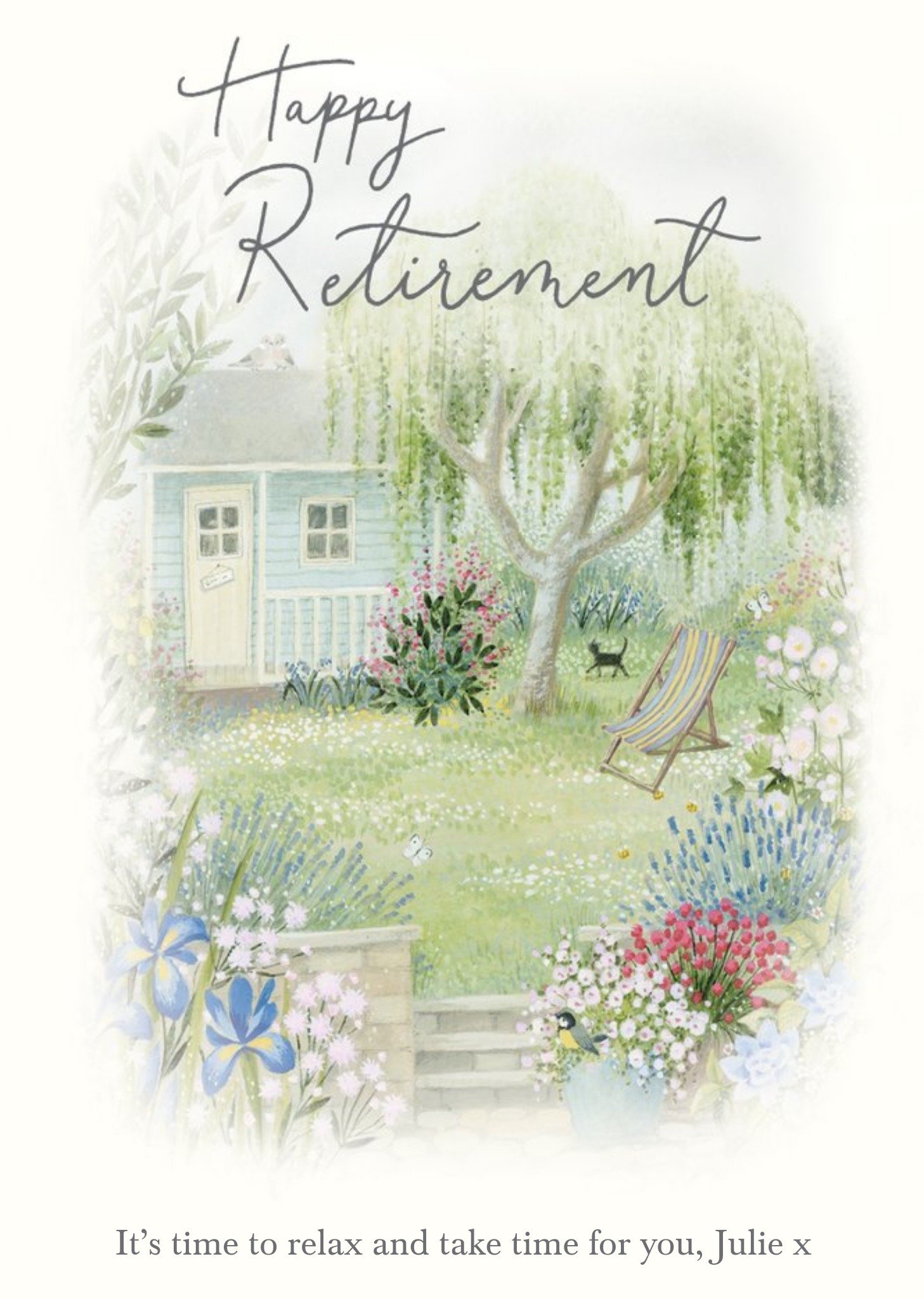 Moonpig Illustration Of A Garden Filled With Flowers Happy Retirement Card, Large