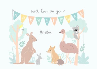 Illustration Of Various Animals Under A Bunting Baby Shower Card
