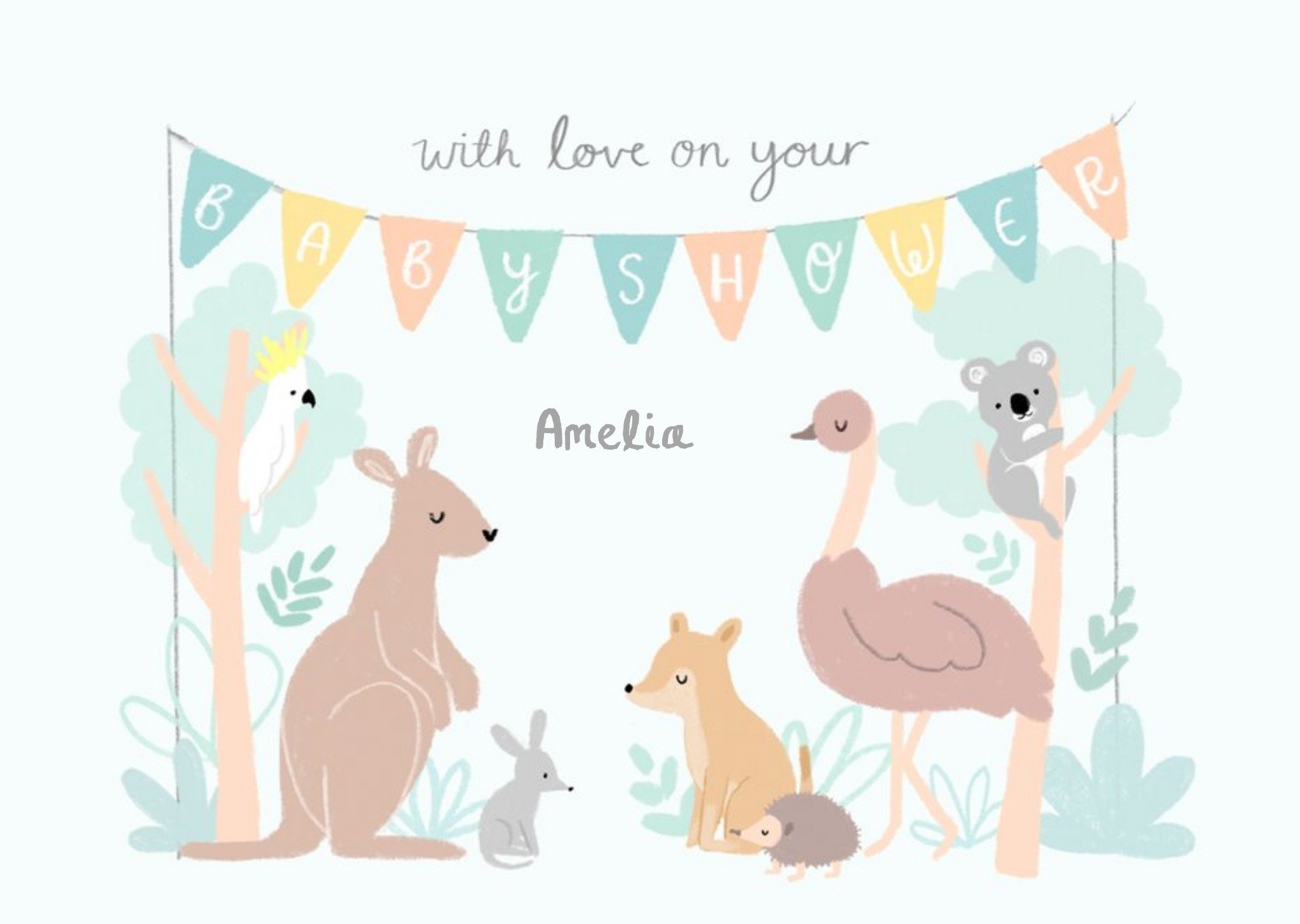 Moonpig Illustration Of Various Animals Under A Bunting Baby Shower Card, Large
