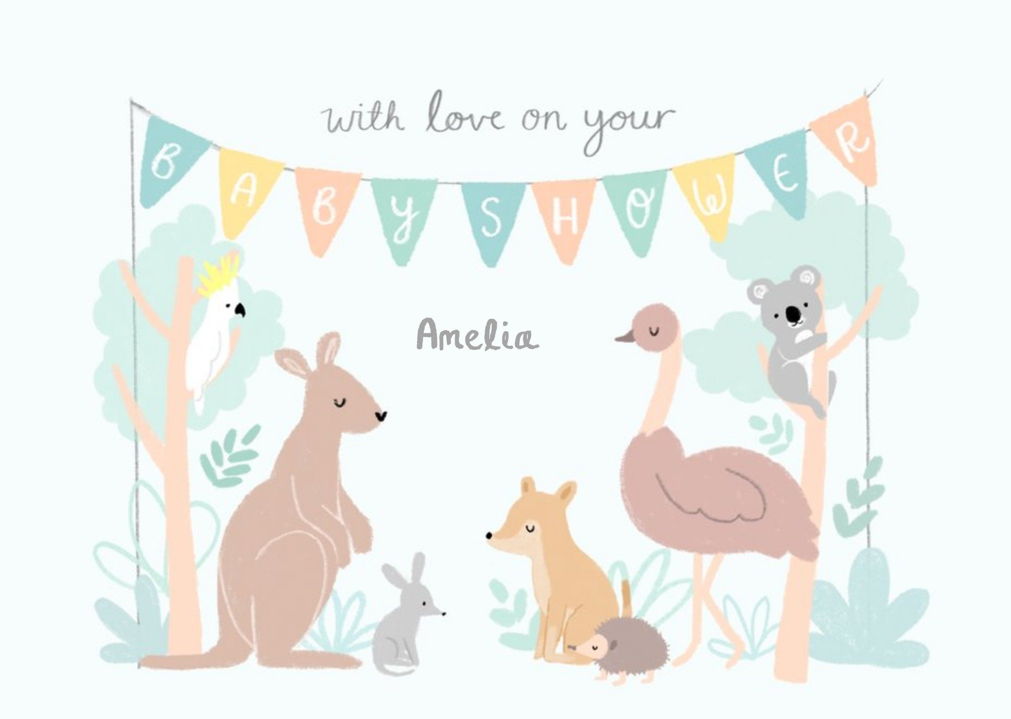 Illustration Of Various Animals Under A Bunting Baby Shower Card Ecard