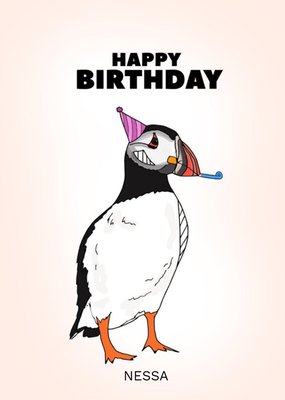 Illustration Of A Puffin Wearing A Party Hat And Blowing On A Party Blower Birthday Card