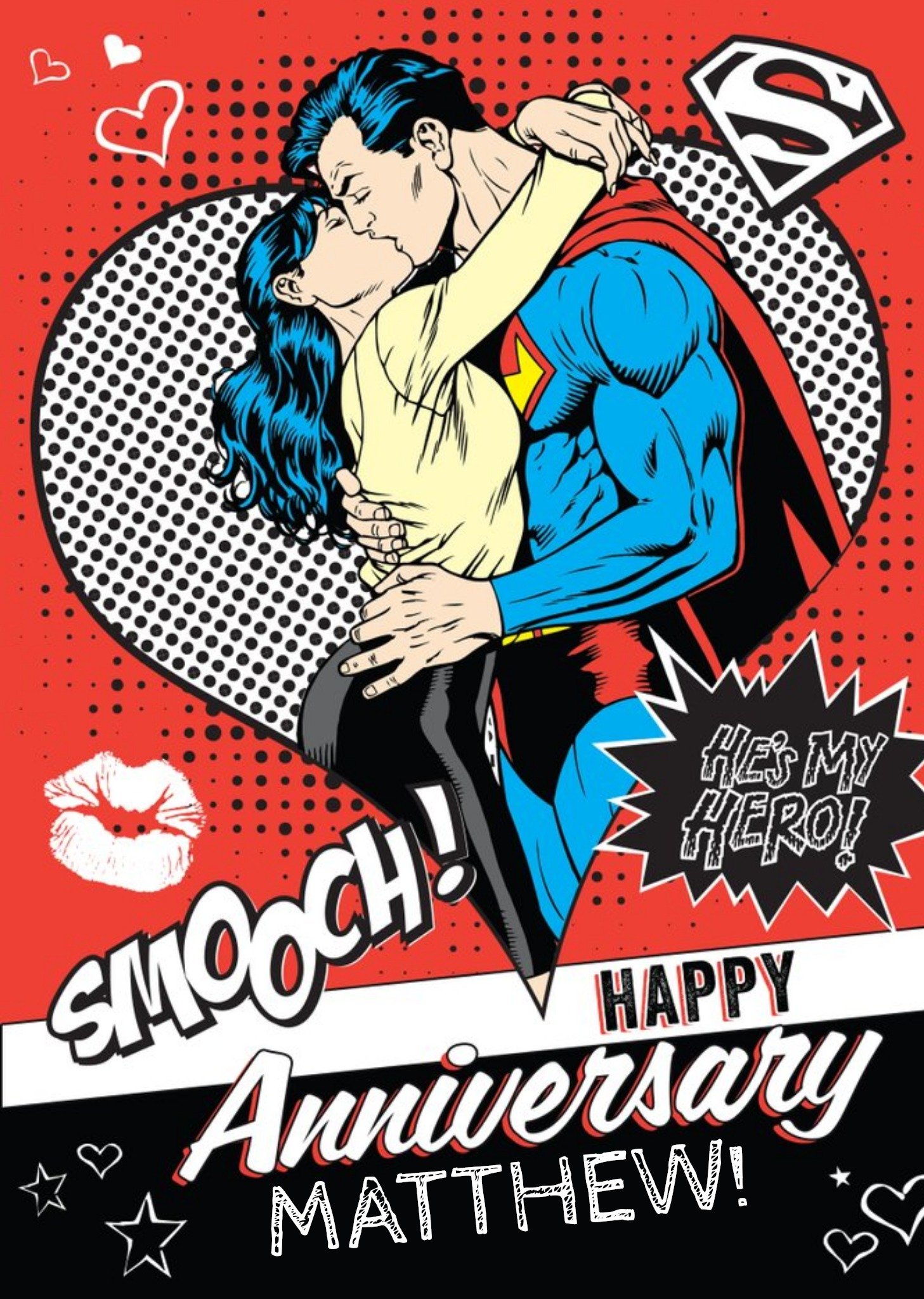 Other Superman Smooch He's My Hero Personalised Happy Anniversary Card, Large