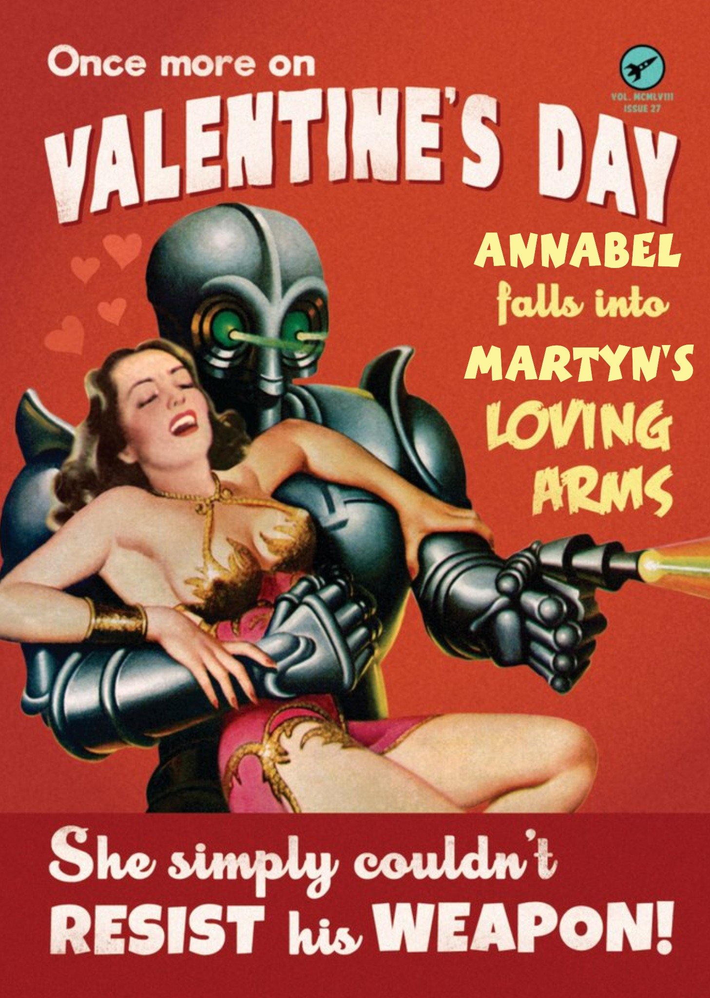 Moonpig Vintage Retro She Couldn't Resist Robots Personalised Happy Valentine's Day Card, Large