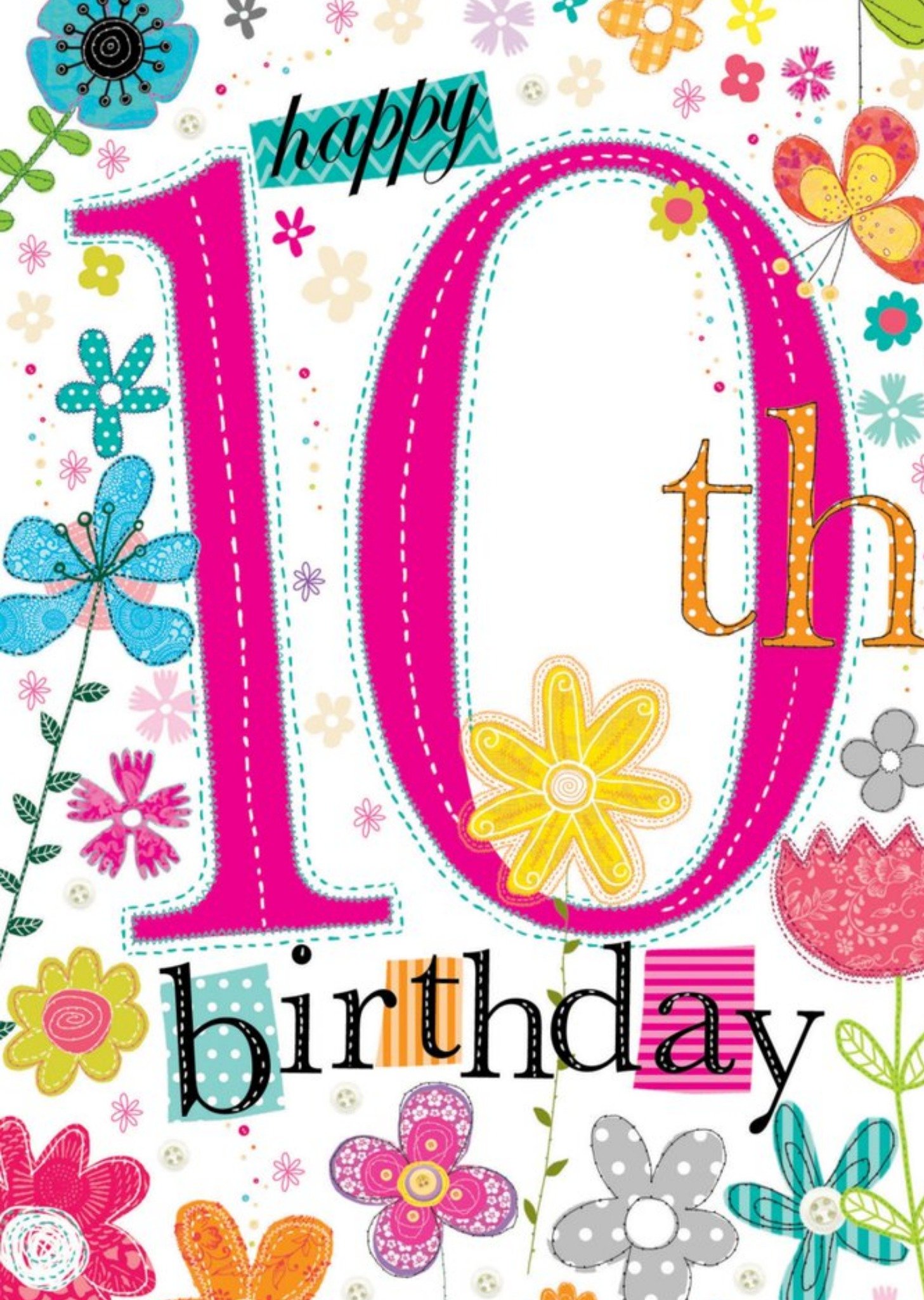 Typographic Floral Happy 10th Birthday Card Ecard