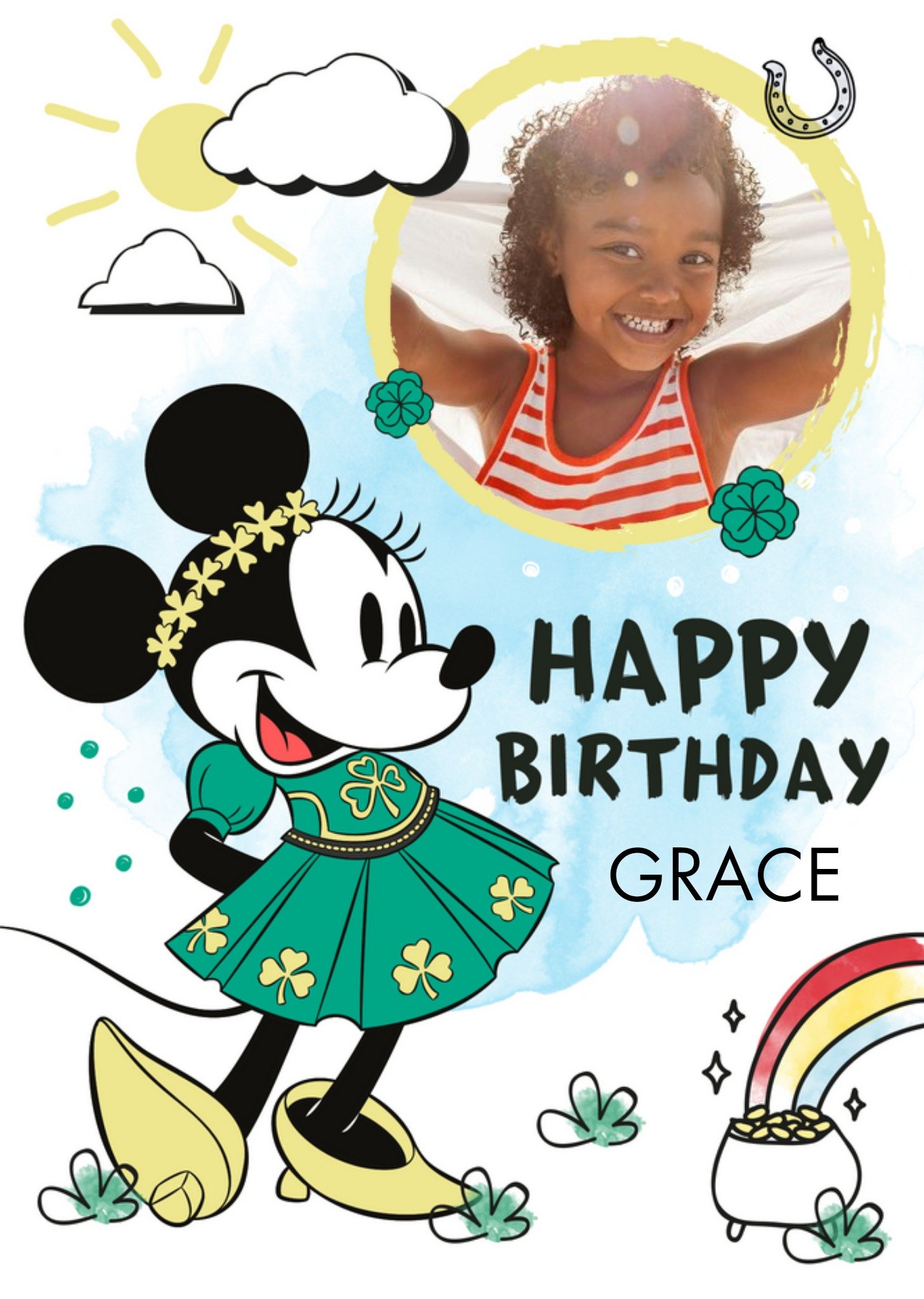 Disney Minnie Mouse Happy Birthday Photo Upload Irish Card, Large