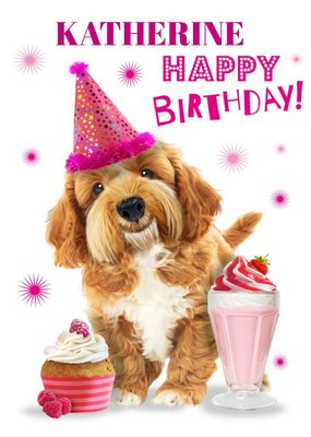 Cute Dog With Milkshake And Party Hat Personalised Card